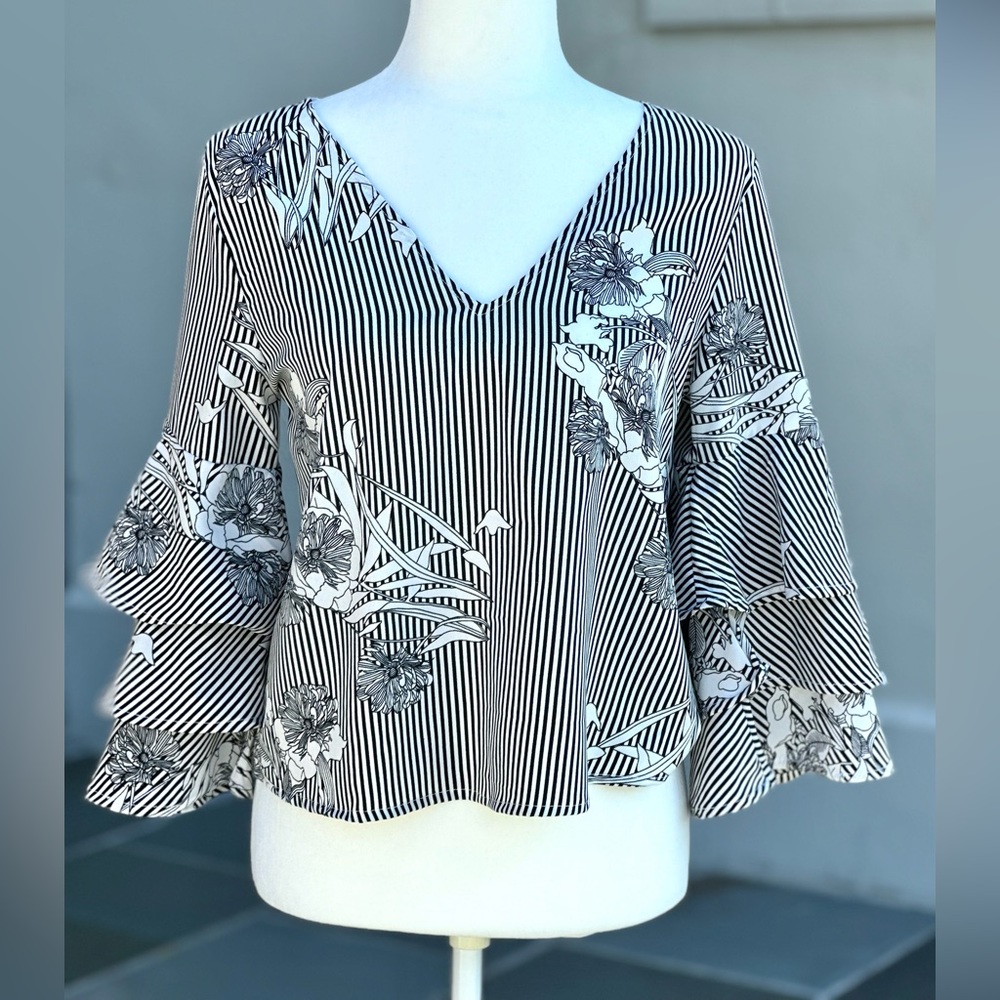 Stripped & Floral Layered Ruffle Sleeve Top